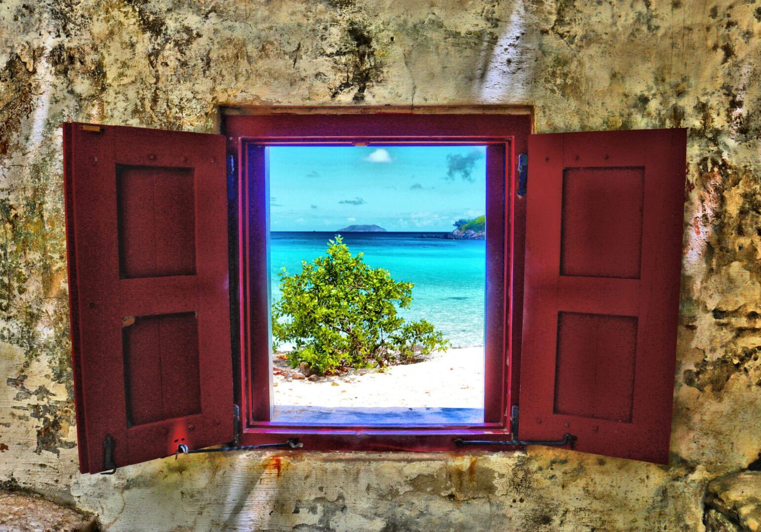 Window view of tropical beach and sea.